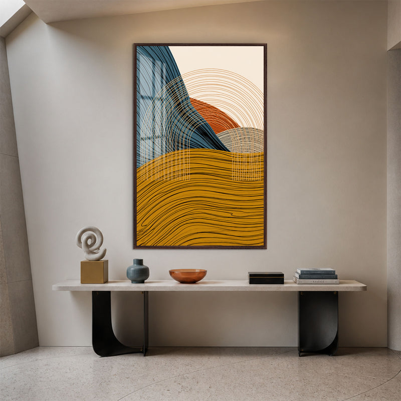 Waves and Rising Sun with walnut frame
