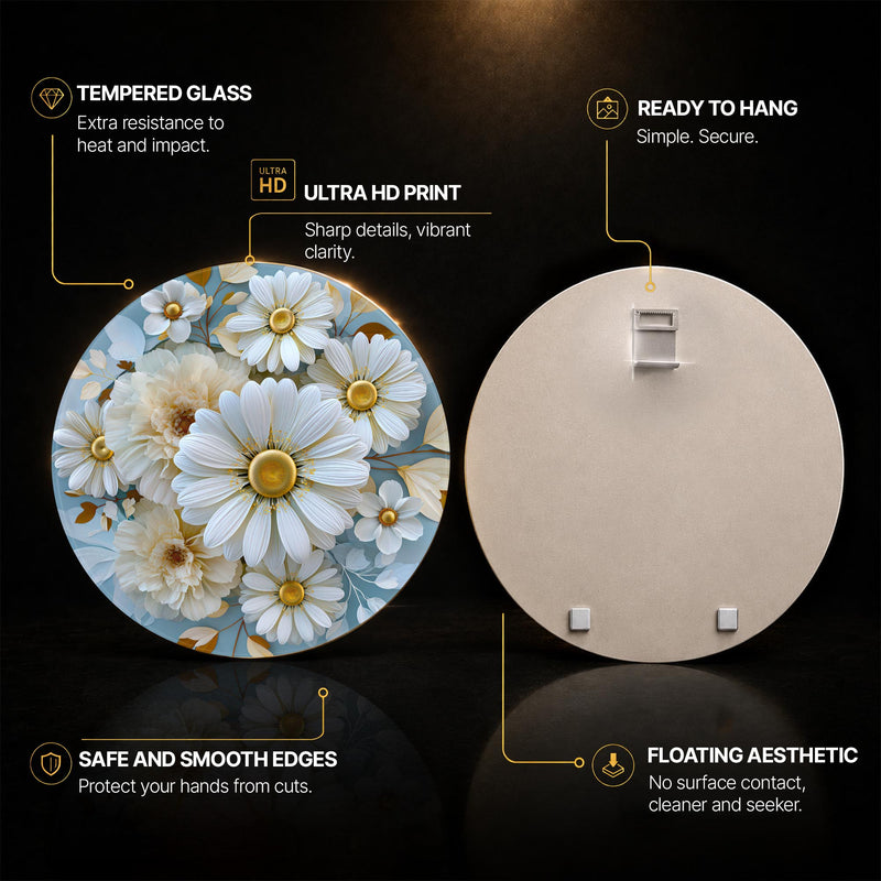 Golden Daisy Garden — tempered glass, ultra HD print, ready to hang