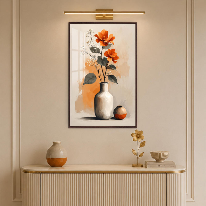 Orange Flowers and Vases with walnut frame
