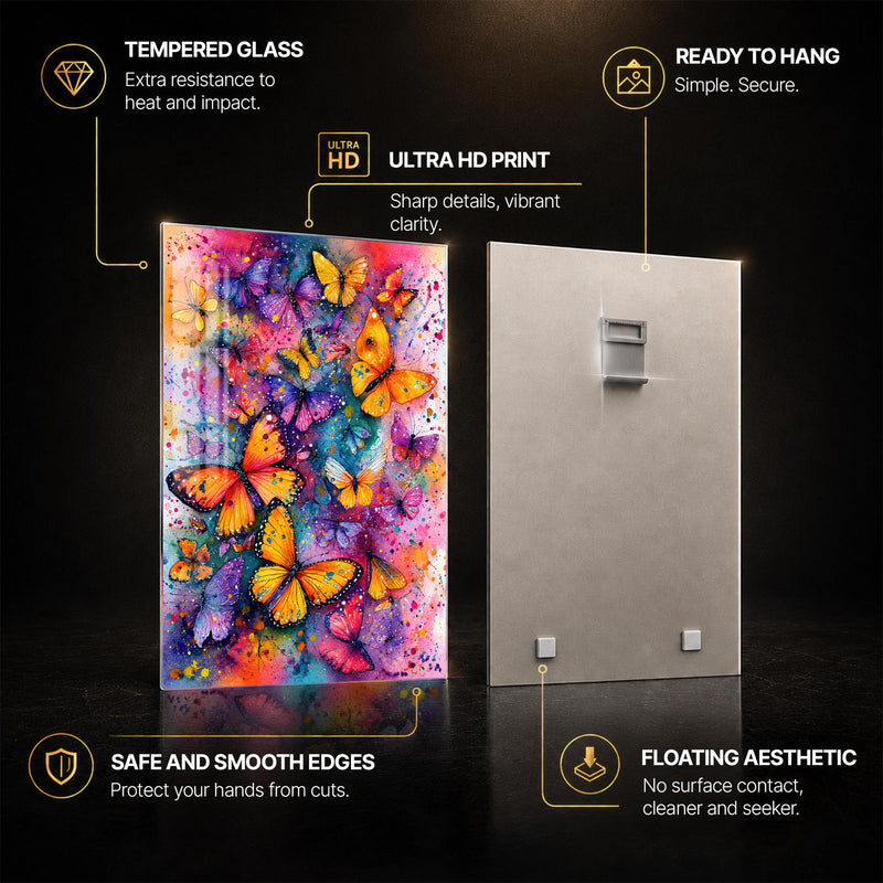 Kaleidoscope Butterfly Garden — tempered glass, ultra HD print, ready to hang