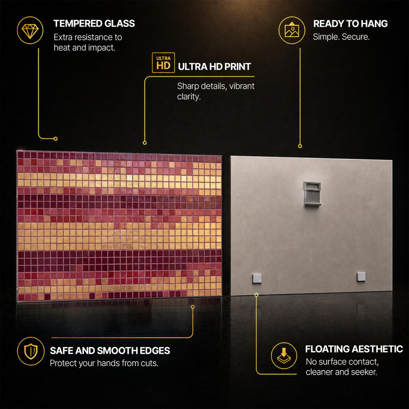 Crimson Mosaic Rhythm — tempered glass, ultra HD print, ready to hang