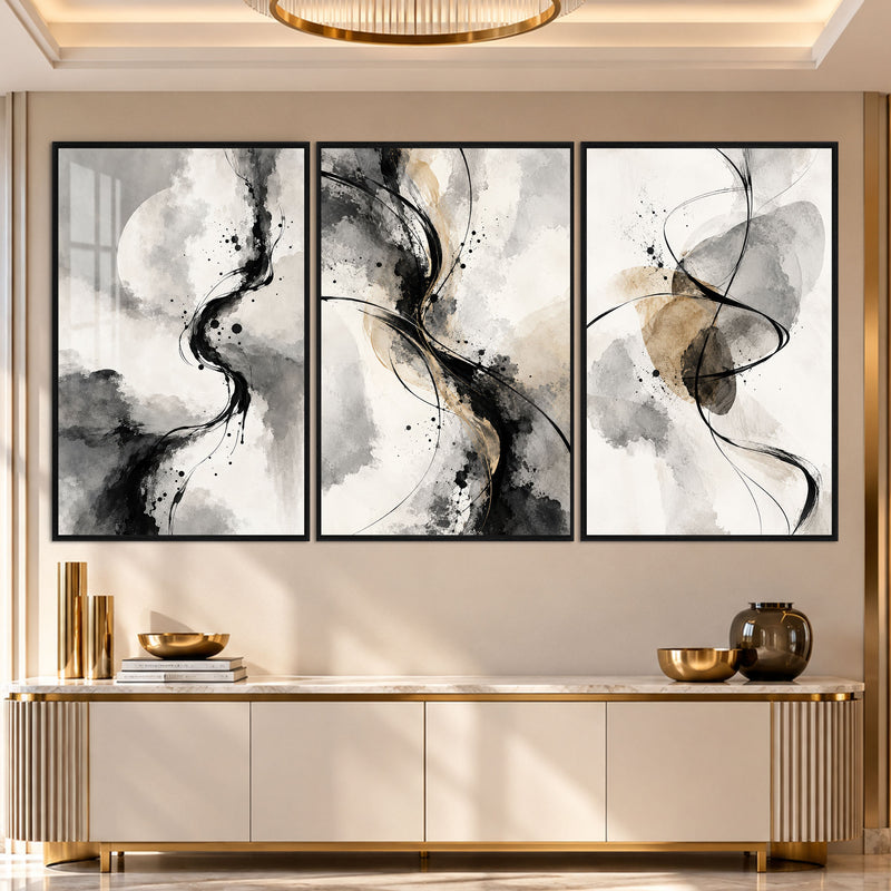 Abstract Ink Flow Triptych with black frame