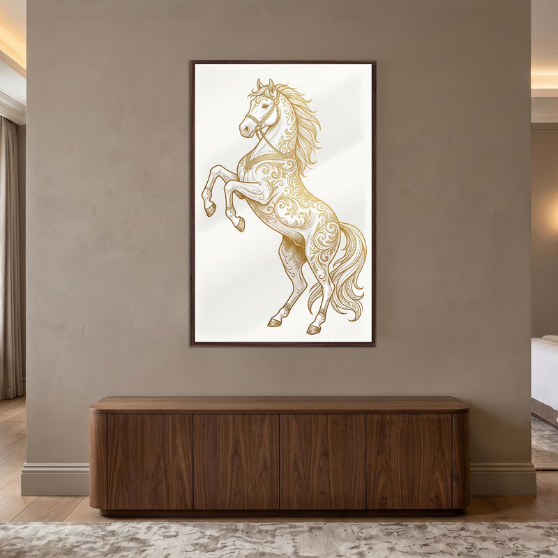 Ornate Golden Stallion with walnut frame