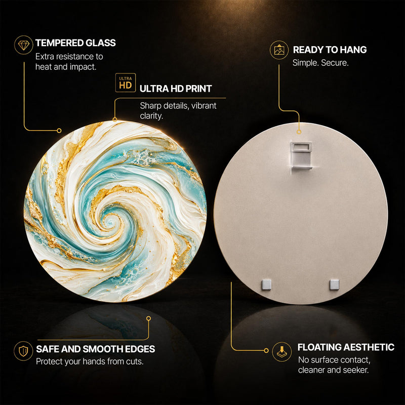 Gilded Aqua Vortex — tempered glass, ultra HD print, ready to hang