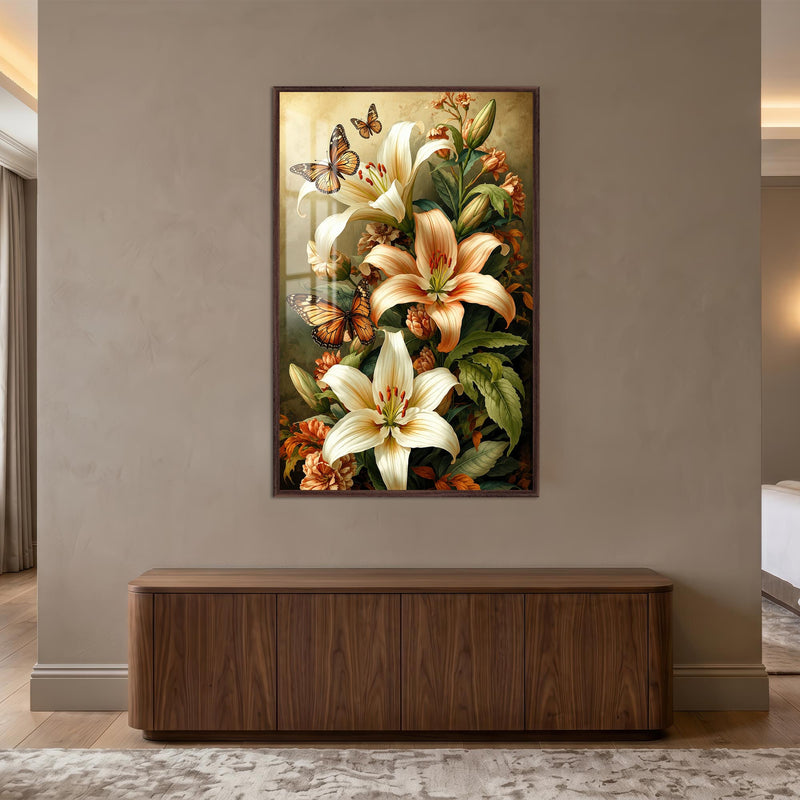 Lilies And Monarchs with walnut frame