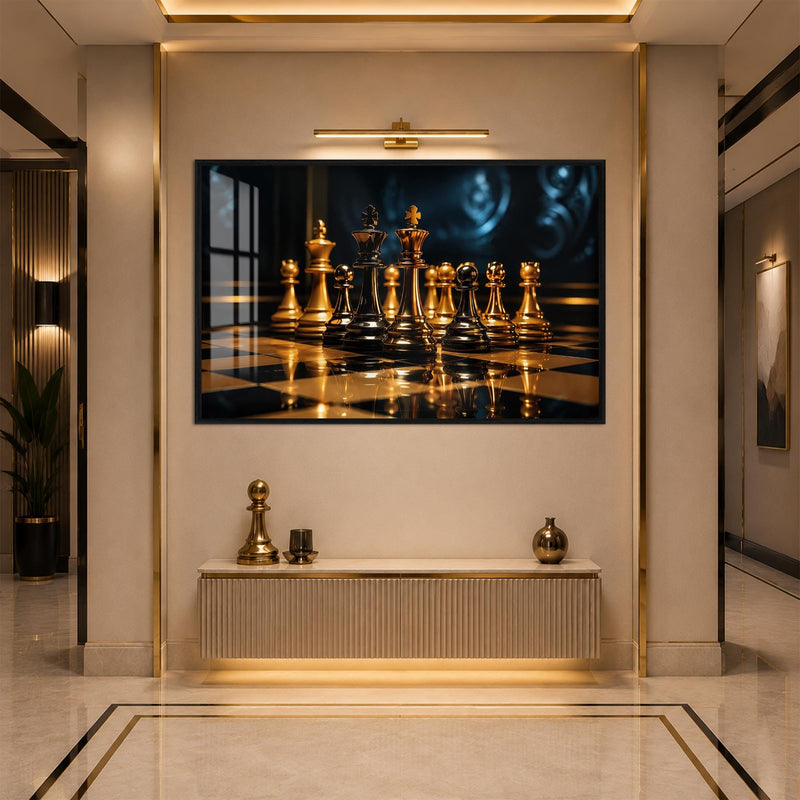 Artronauts Glass Print 18x12 cm | 7.1"x4.7" / Black Golden Chess Standoff Glass Wall Art