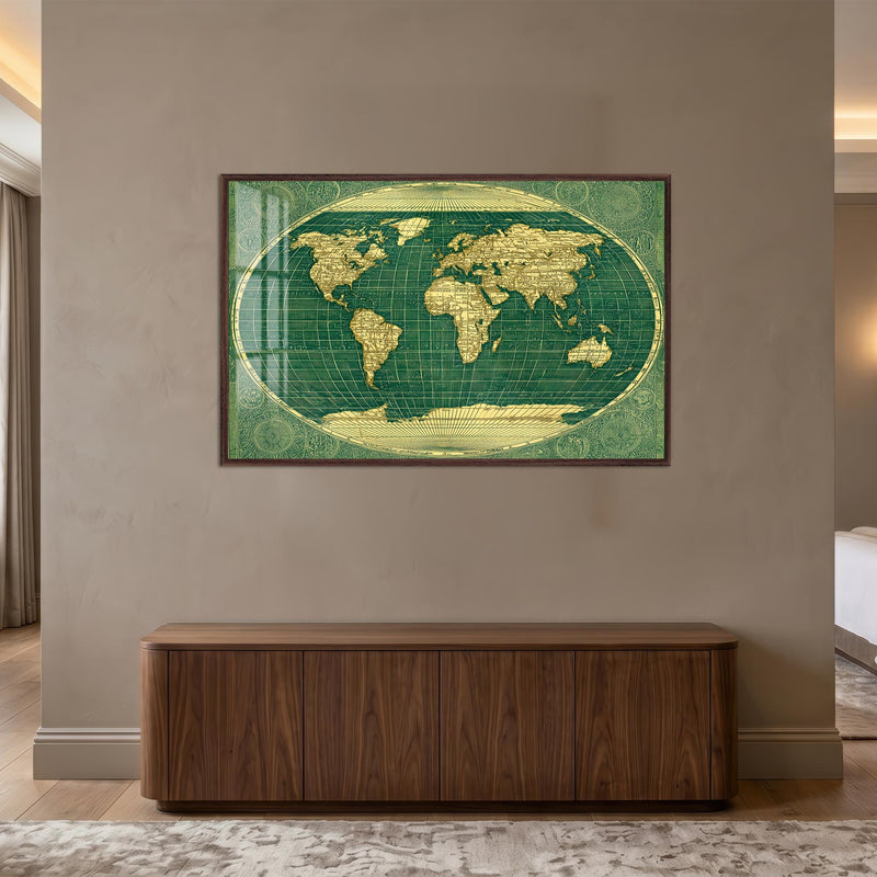 Vintage Emerald World Map with walnut frame