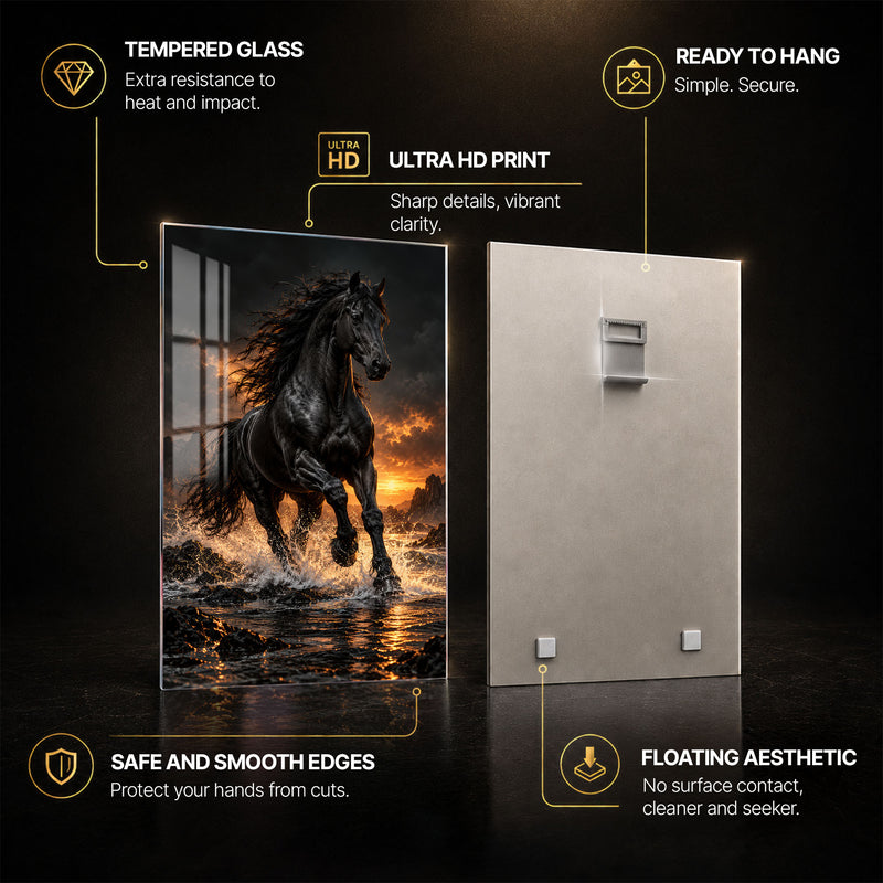 Black Horse — tempered glass, ultra HD print, ready to hang