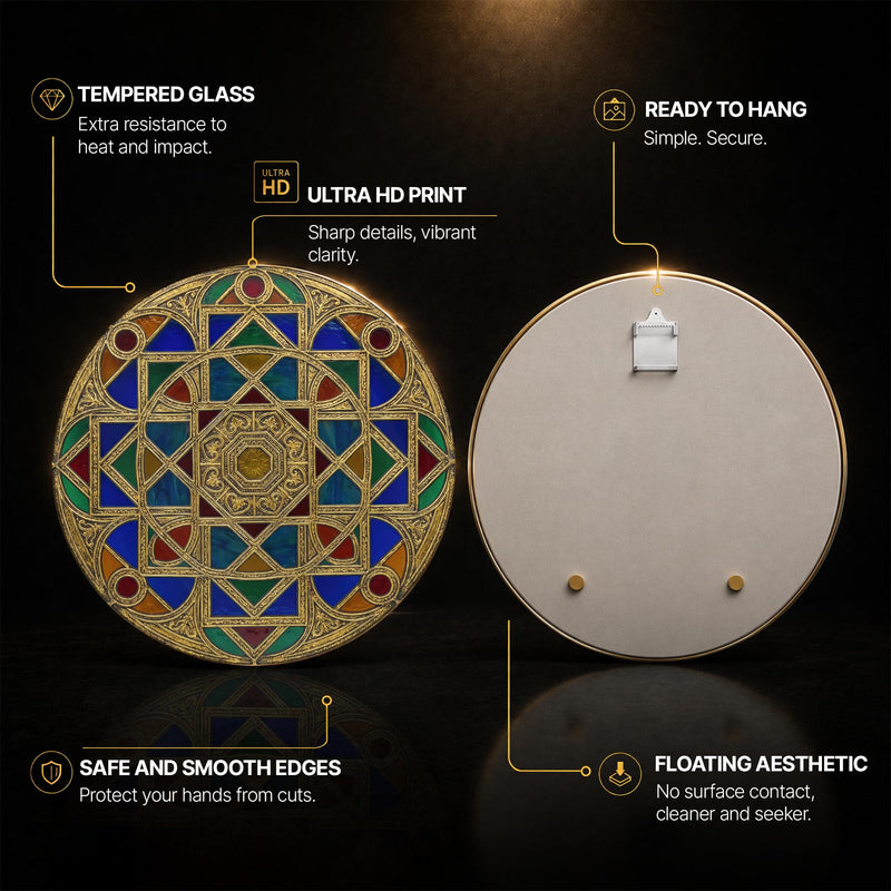 Jewelled Stained Glass Mandala — tempered glass, ultra HD print, ready to hang