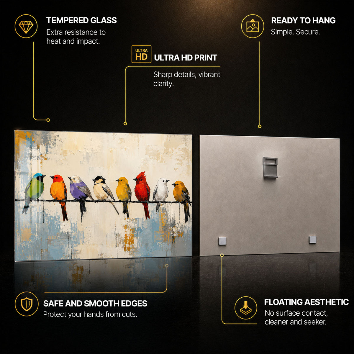 Birds on a Wire — tempered glass, ultra HD print, ready to hang