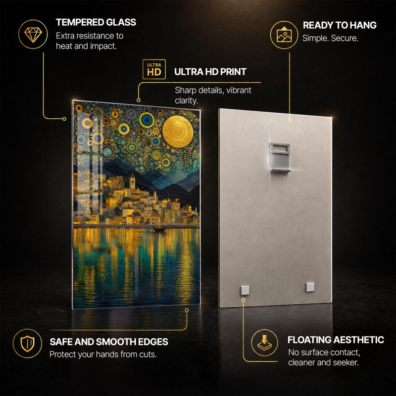 Golden Celestial Harbor — tempered glass, ultra HD print, ready to hang