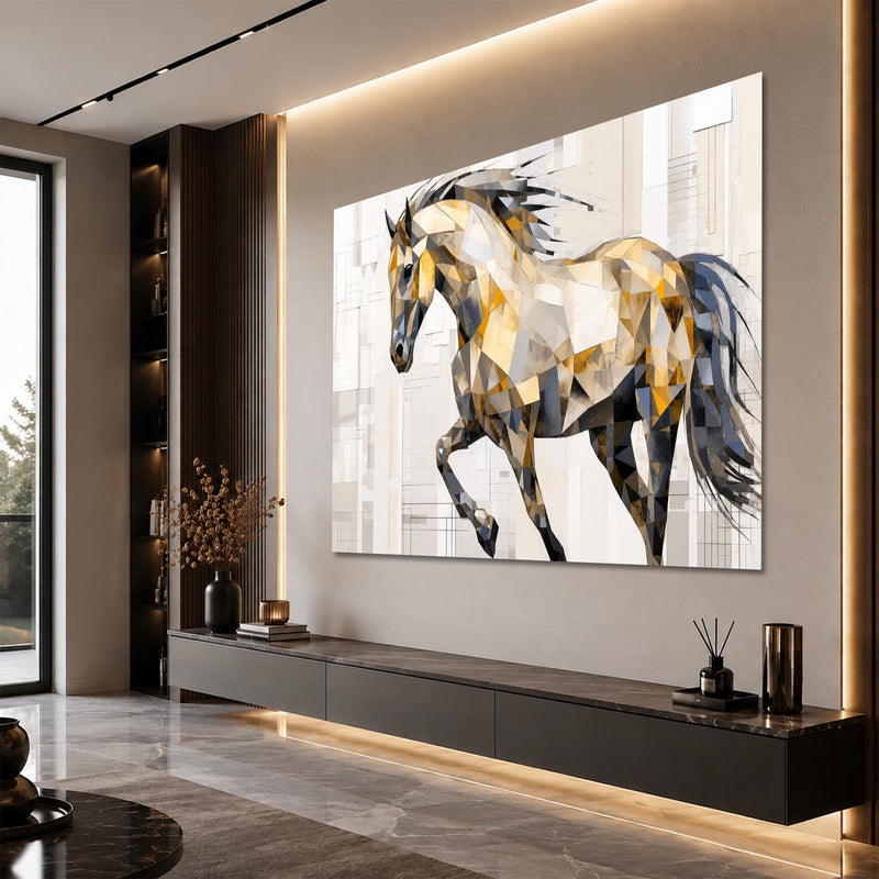 Artronauts Glass Print Low-Poly Gold Stallion Glass Wall Art