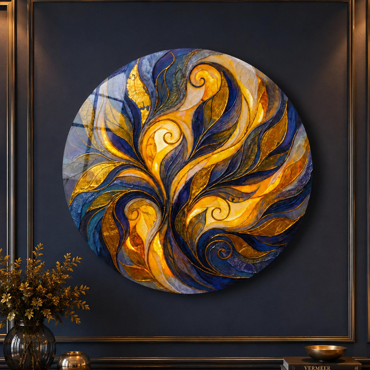 Golden Flame Flourish — tempered glass, ultra HD print, ready to hang