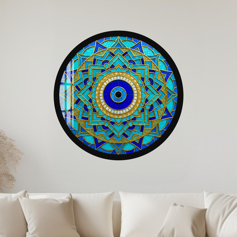 Blue Gold Evil Eye Star Mandala with black frame