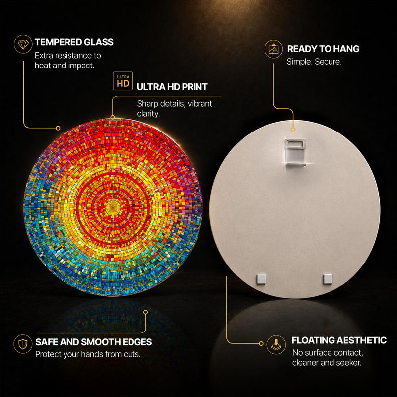 Radiant Mosaic Sunburst — tempered glass, ultra HD print, ready to hang