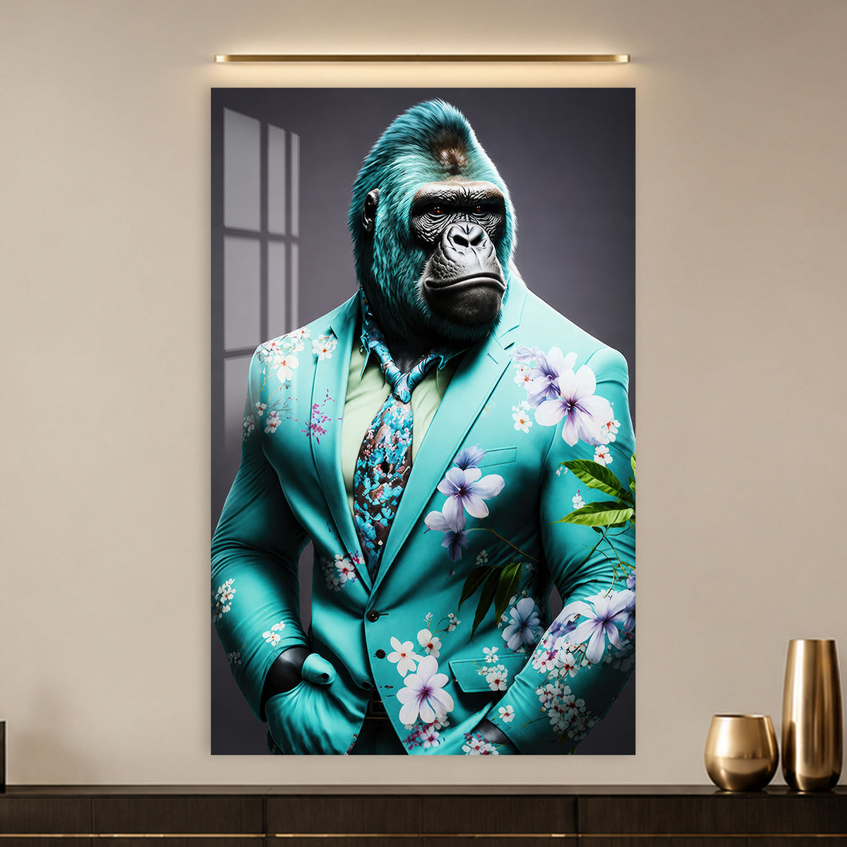 Turquoise Gentleman Gorilla in a modern room