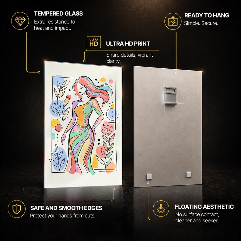 Colorful Feminine Grace — tempered glass, ultra HD print, ready to hang