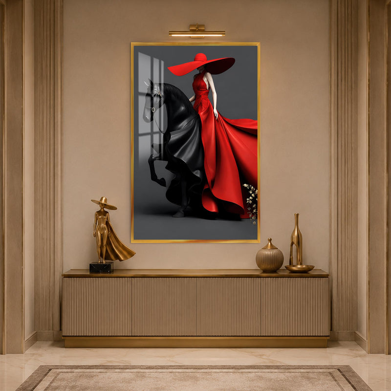 Red Gown Horsewoman with gold frame
