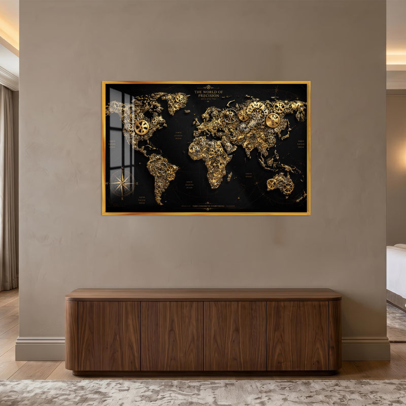 Clockwork World Map with gold frame