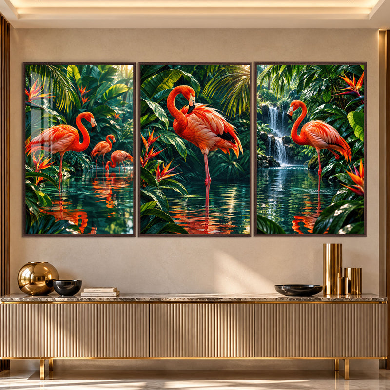 Tropical Flamingo with walnut frame