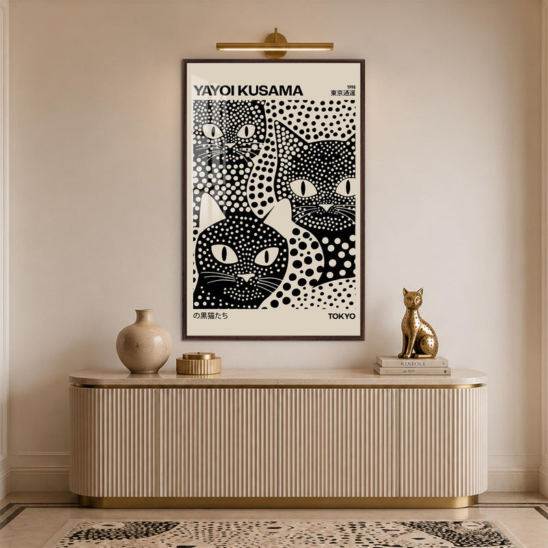Tokyo Polka Dot Cats with walnut frame