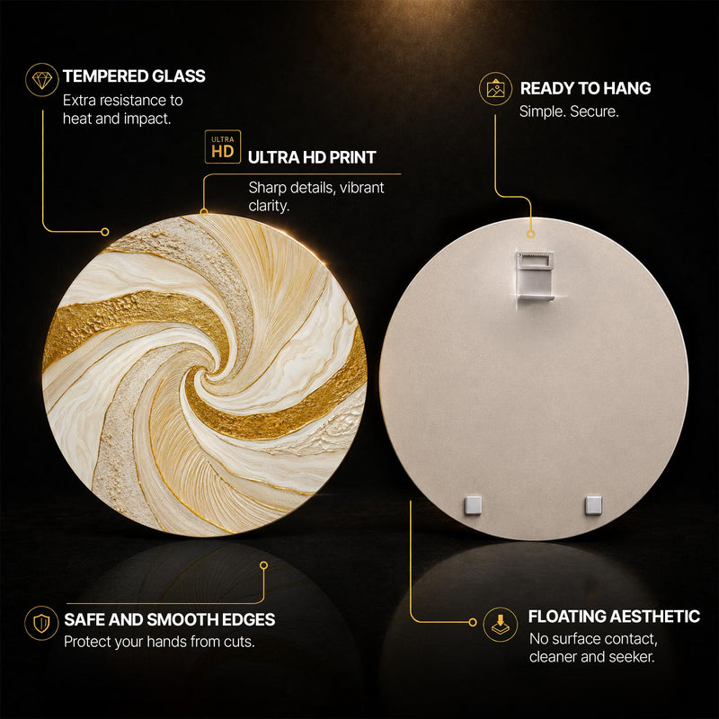 Gilded Ivory Swirl — tempered glass, ultra HD print, ready to hang