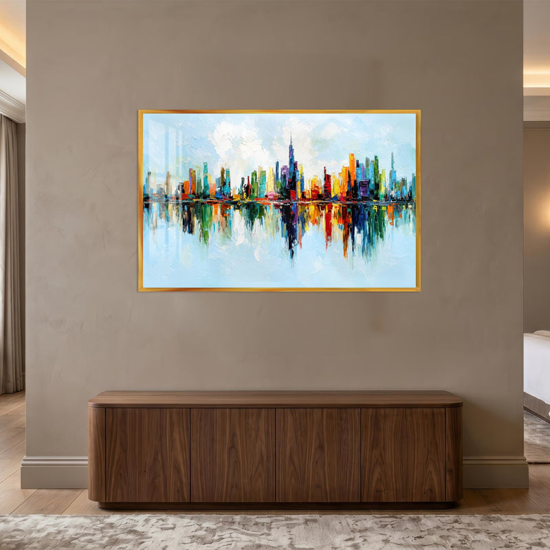 Vibrant Skyline Reflections with gold frame