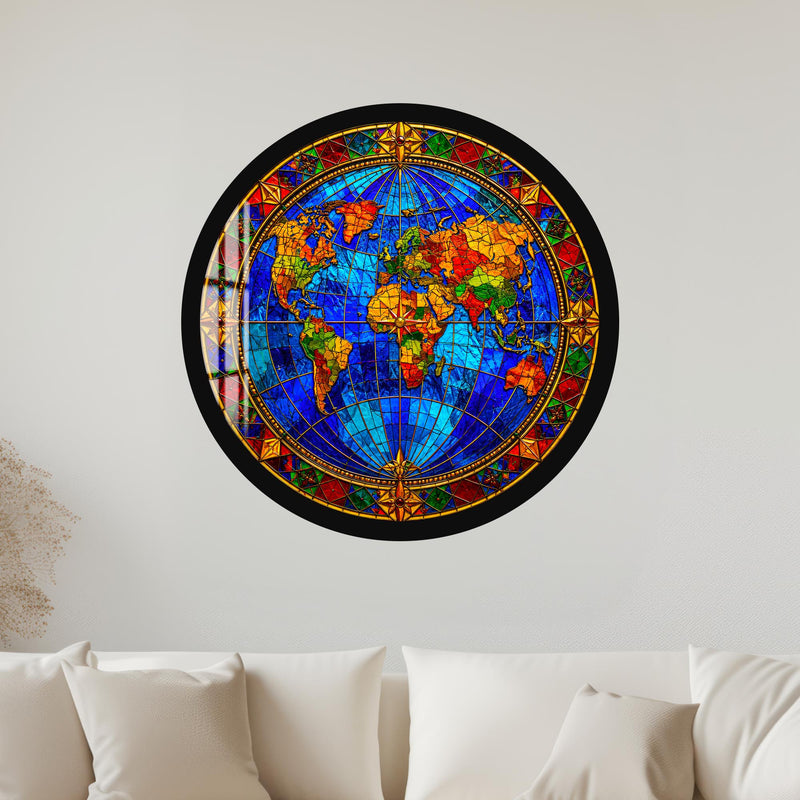 Stained Glass World Map with black frame