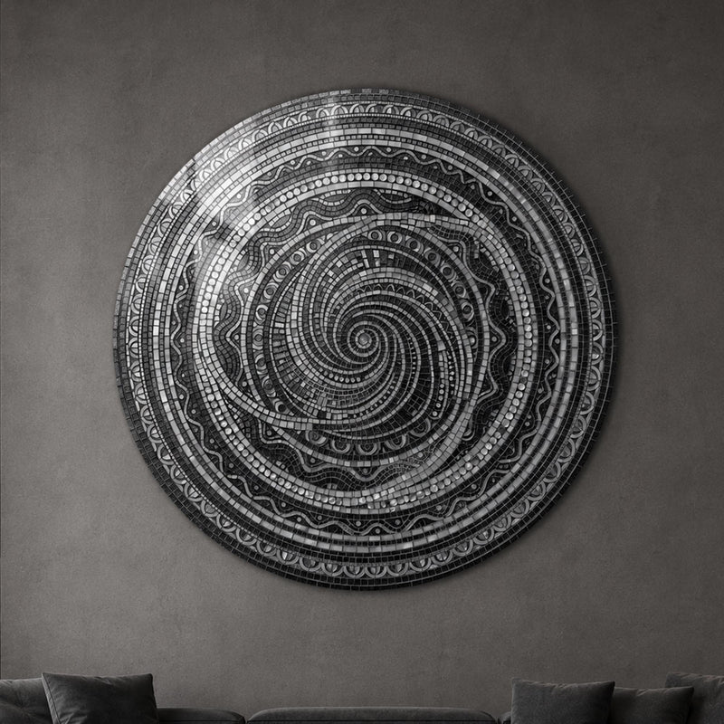 Midnight Mandala Spiral — tempered glass, ultra HD print, ready to hang