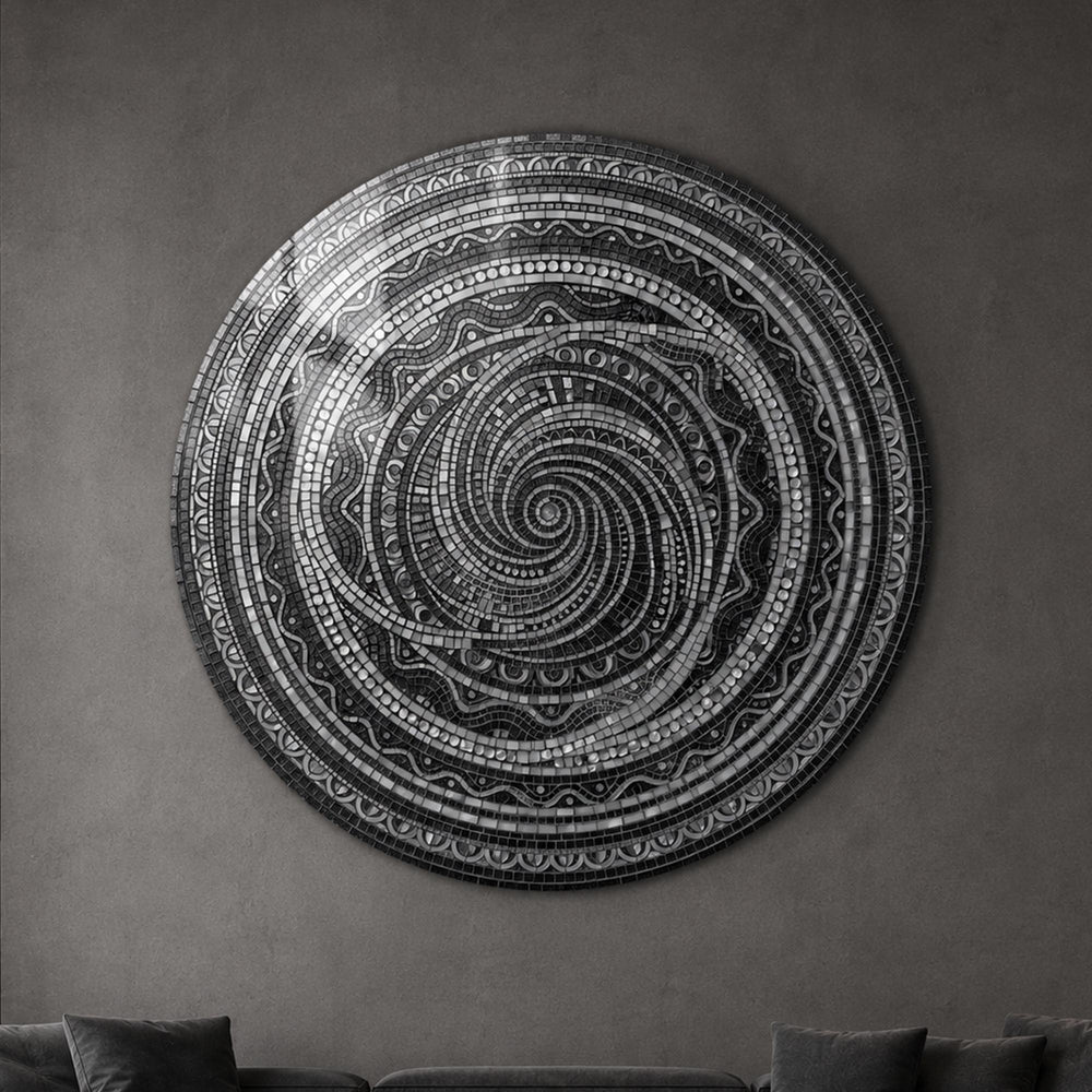 Midnight Mandala Spiral — tempered glass, ultra HD print, ready to hang