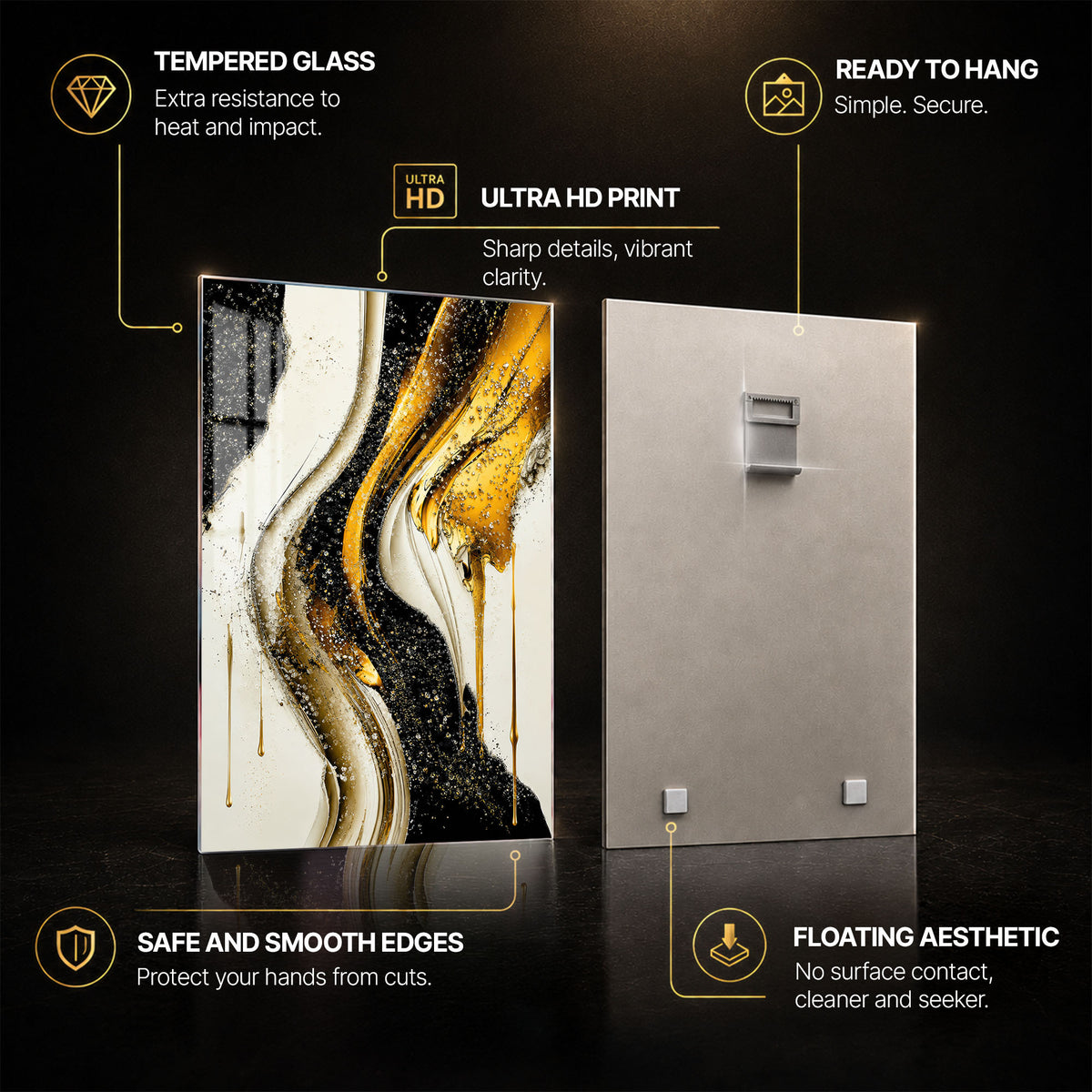 Golden Current — tempered glass, ultra HD print, ready to hang