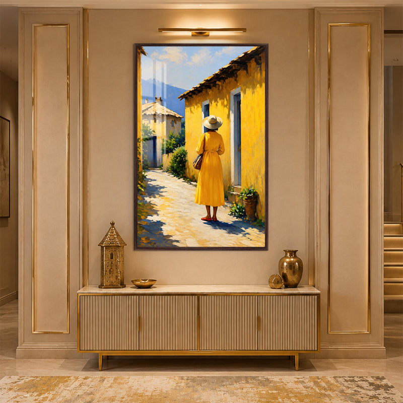 Woman in Yellow Street with walnut frame