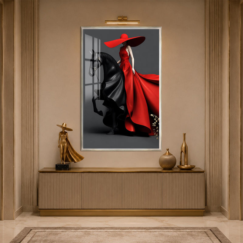 Red Gown Horsewoman with silver frame