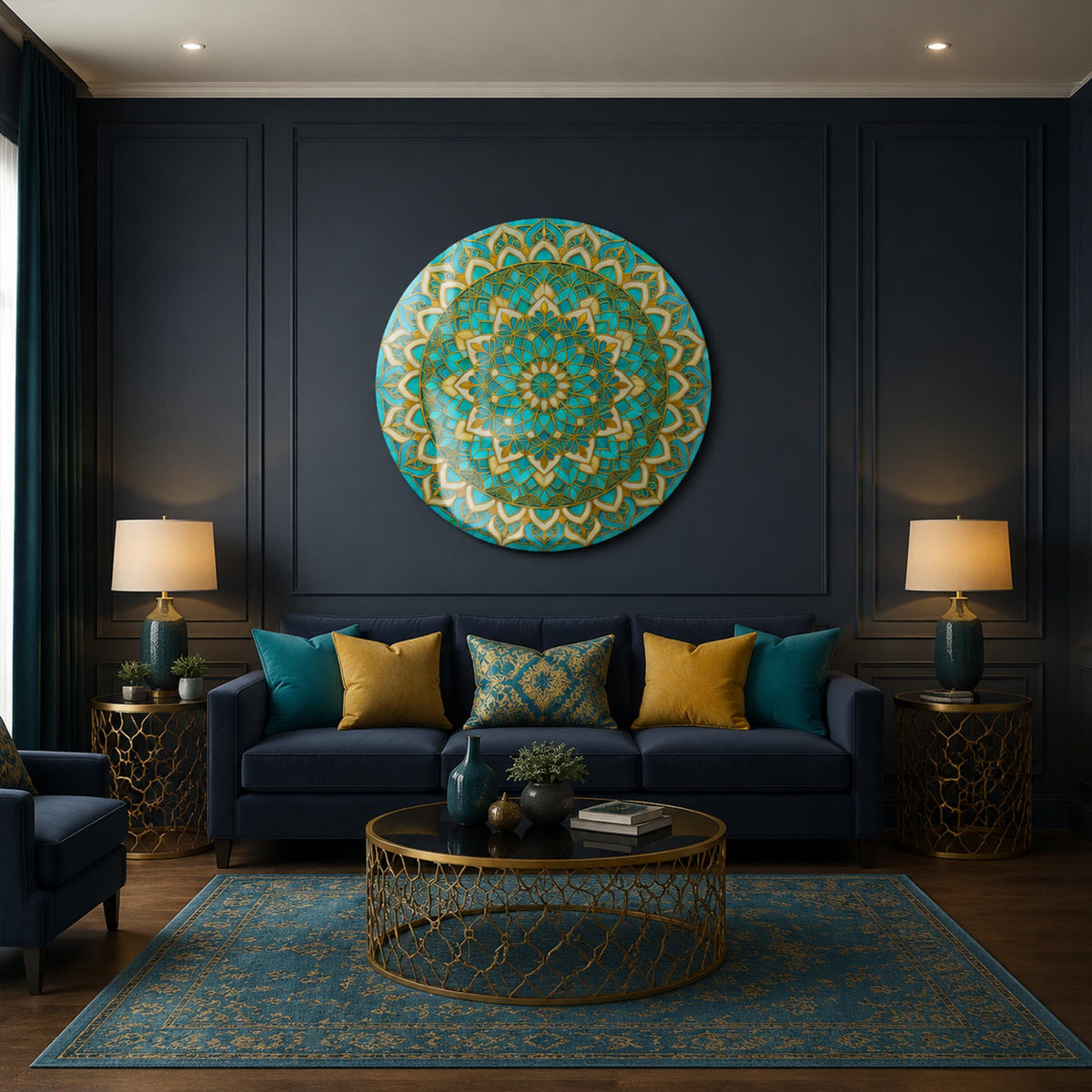 Turquoise Lotus Mandala — tempered glass, ultra HD print, ready to hang