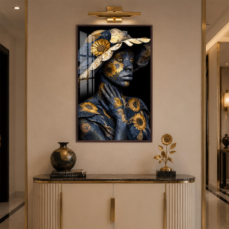 Gilded Sunflower Muse with walnut frame