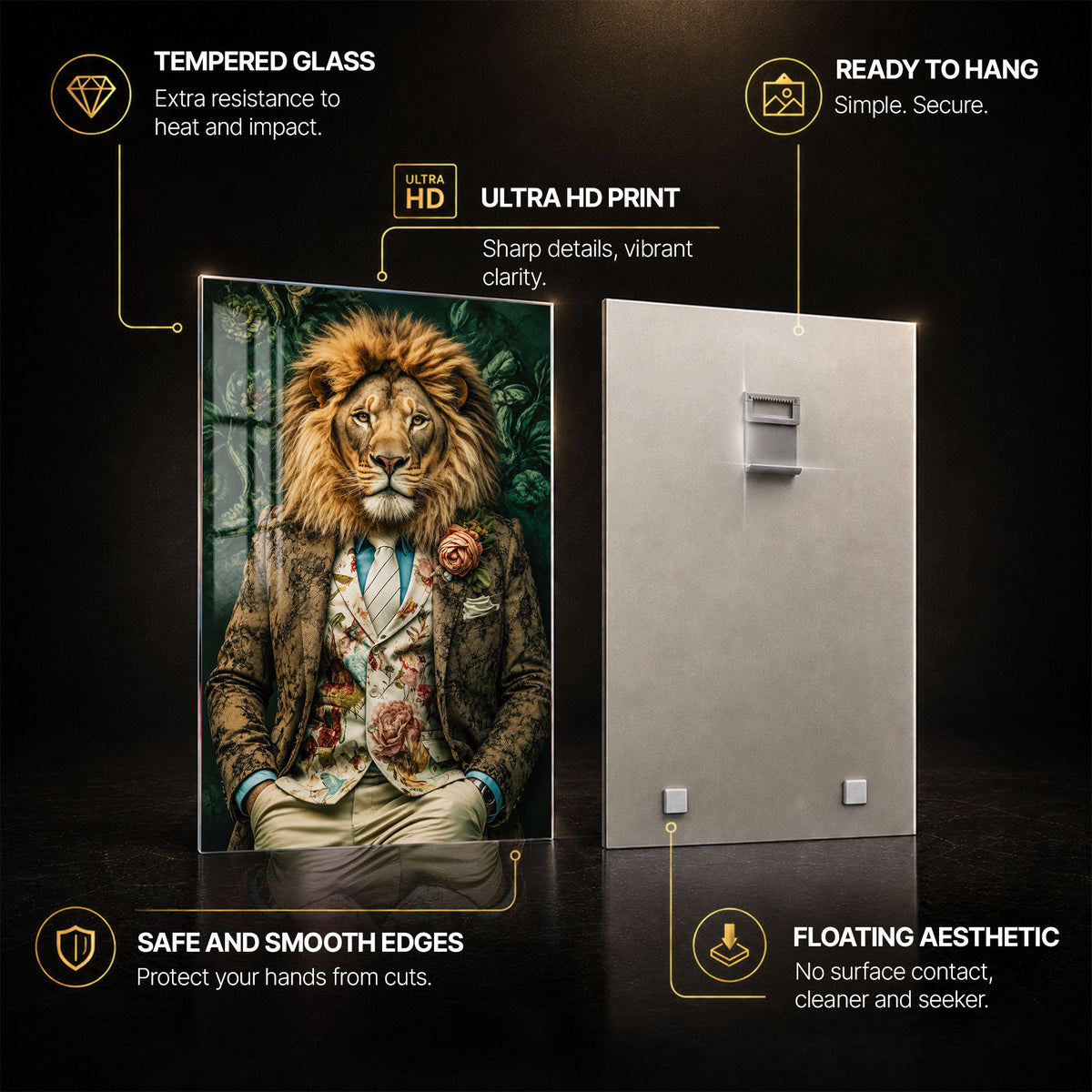 Floral Gentleman Lion — tempered glass, ultra HD print, ready to hang