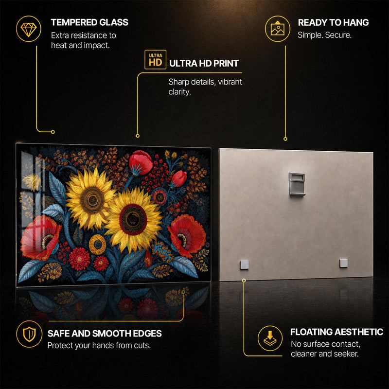Midnight Sunflower Garden — tempered glass, ultra HD print, ready to hang