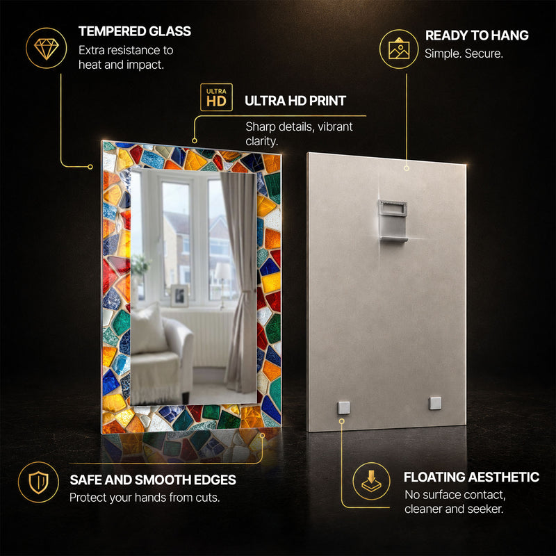 Vibrant Mosaic Glass — tempered glass, ultra HD print, ready to hang