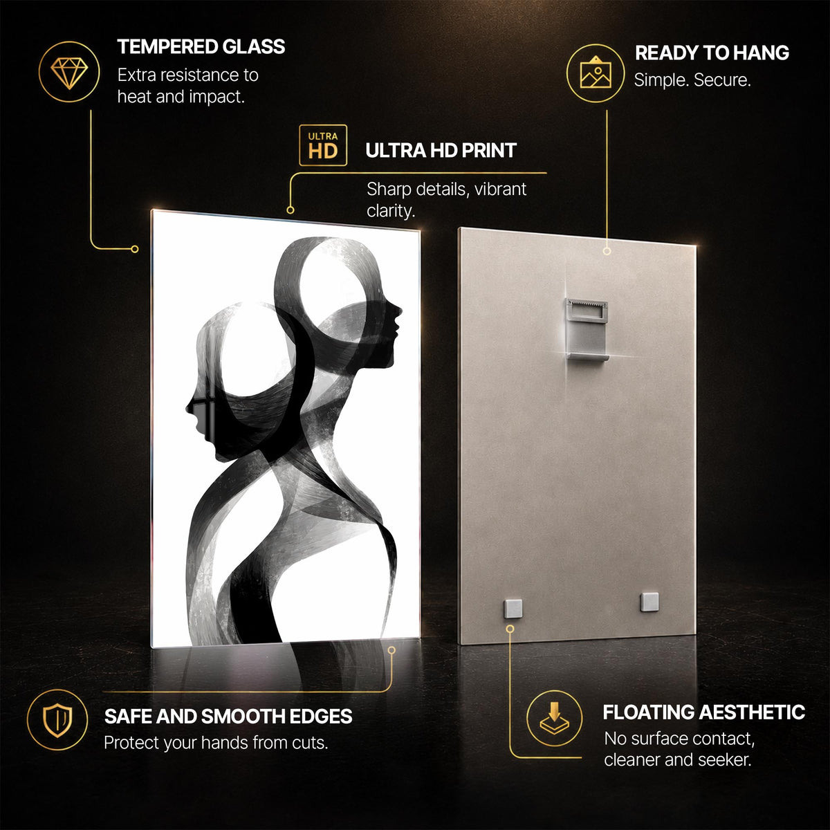Intertwined Human Silhouettes — tempered glass, ultra HD print, ready to hang