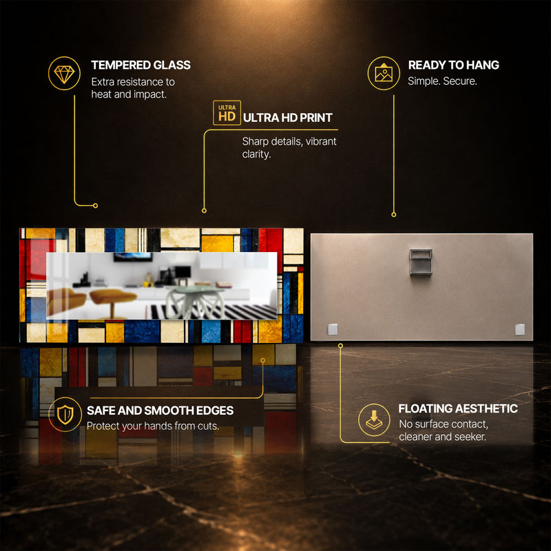 Mondrian Stained Glass — tempered glass, ultra HD print, ready to hang