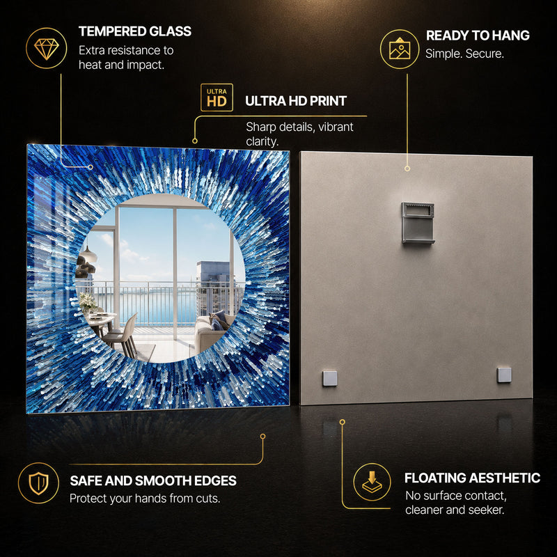 Sapphire Radiance — tempered glass, ultra HD print, ready to hang