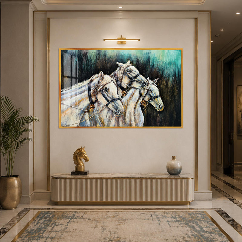 Artronauts Glass Print 18x12 cm | 7.1"x4.7" / Gold Three White Horses Glass Wall Art