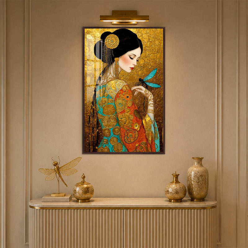 Golden Dragonfly Muse with walnut frame