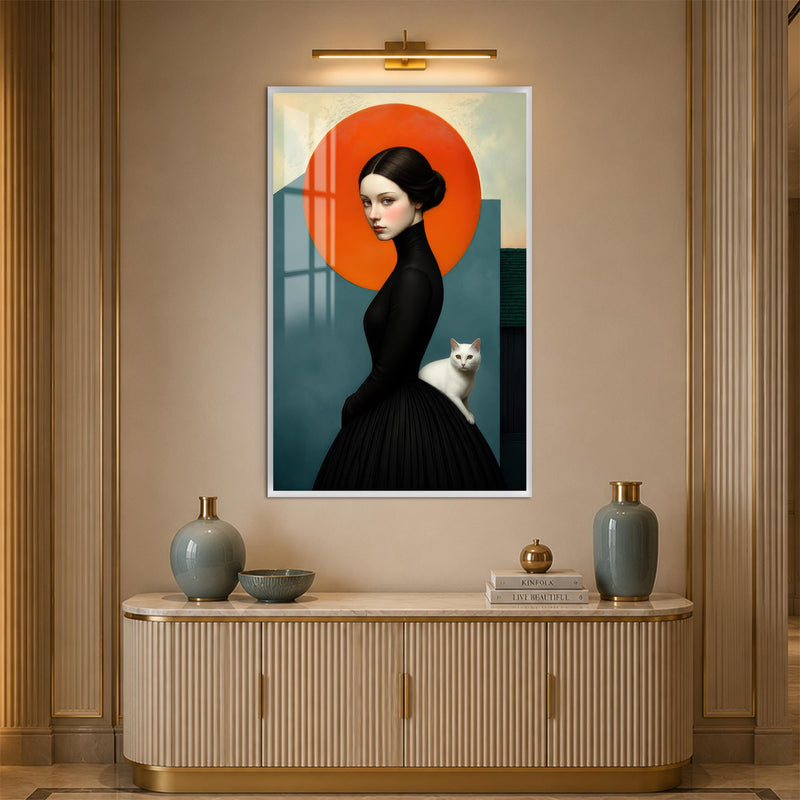 Lady With White Cat with white frame