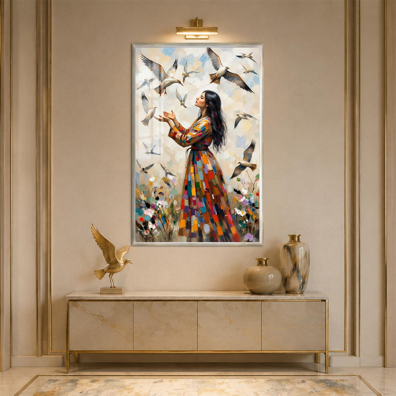 Woman Among Flying Birds with silver frame