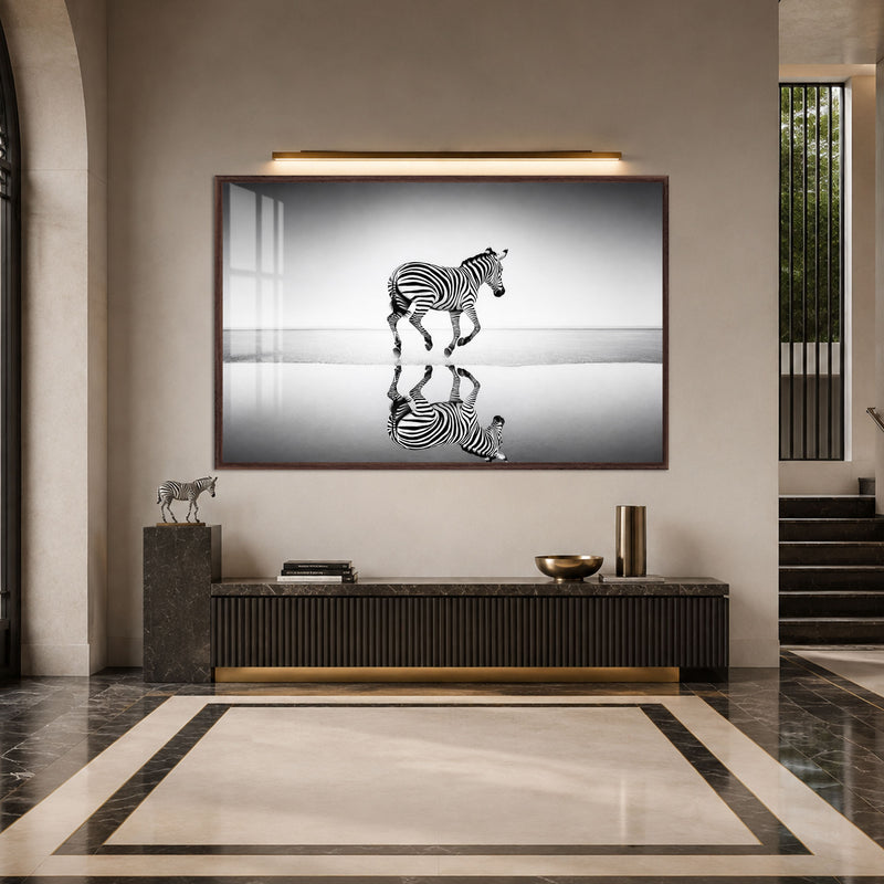 Reflecting Running Zebra with walnut frame