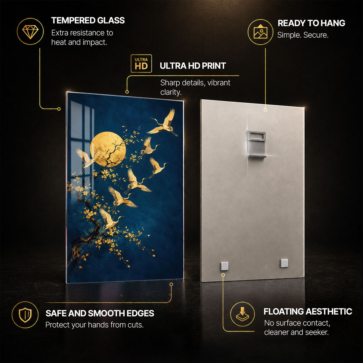 Golden Crane Moon — tempered glass, ultra HD print, ready to hang