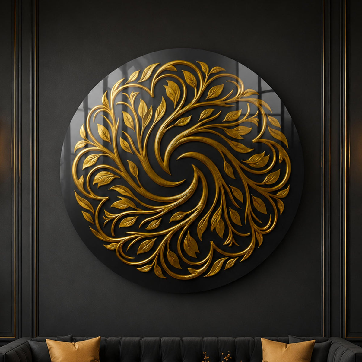 Golden Botanical Spiral — tempered glass, ultra HD print, ready to hang