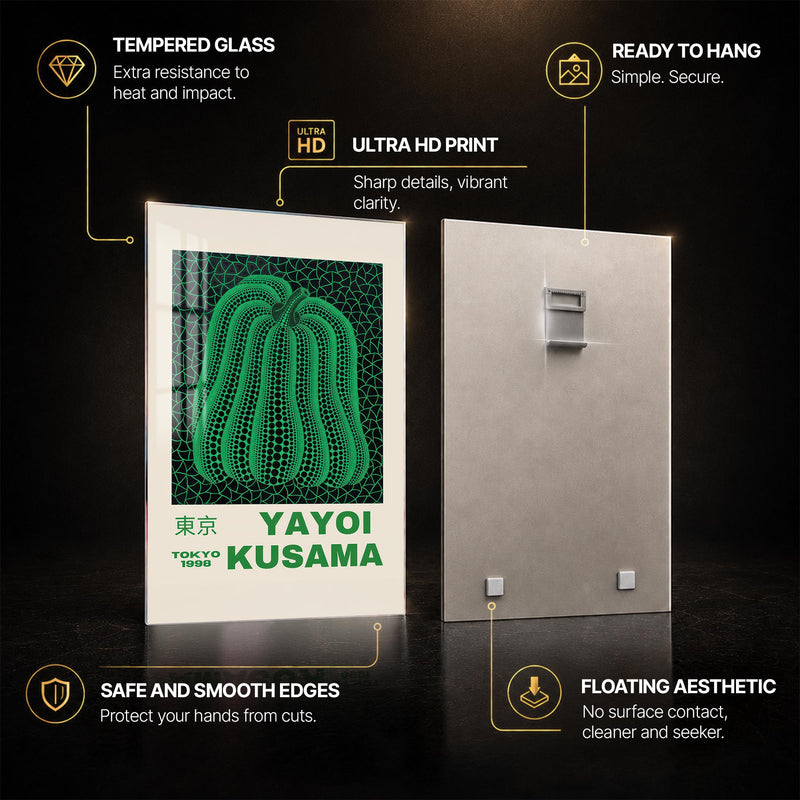 Emerald Pumpkin Dots — tempered glass, ultra HD print, ready to hang