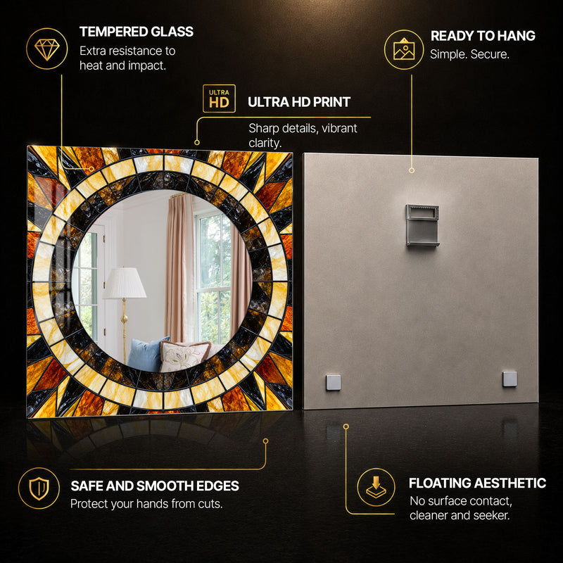 Amber Mosaic Sunburst — tempered glass, ultra HD print, ready to hang